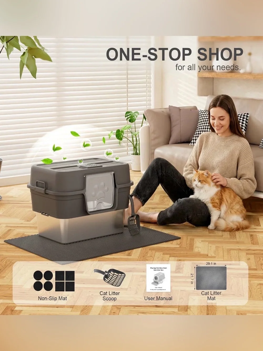 FZGhome | Stainless Steel XL Litter Box with Lid - Gray